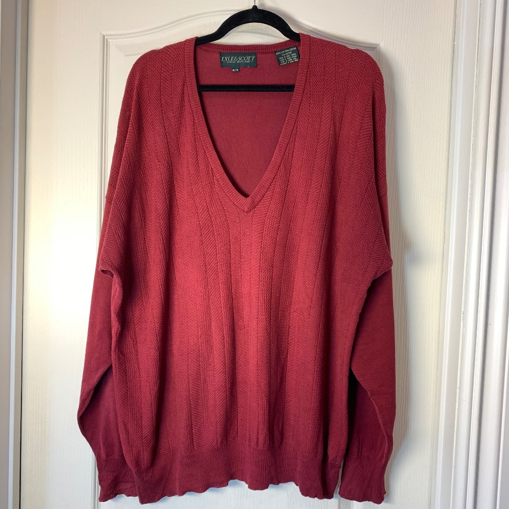 Lyle & Scott Hawick Scotland V-Neck Cotton Knit Sweater XL – Burgundy Red Classi